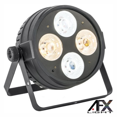 Reflector de luz LED industrial redondo preto com quatro lentes circulares e suporte metálico.