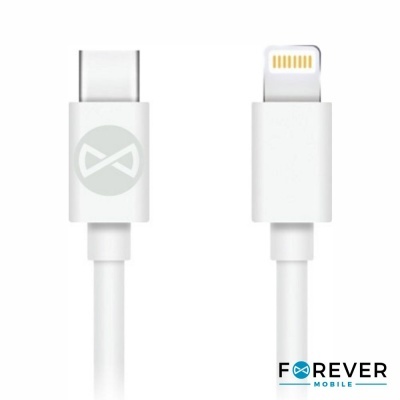Cabo de carregamento USB-C para Lightning branco com logótipo Forever Mobile