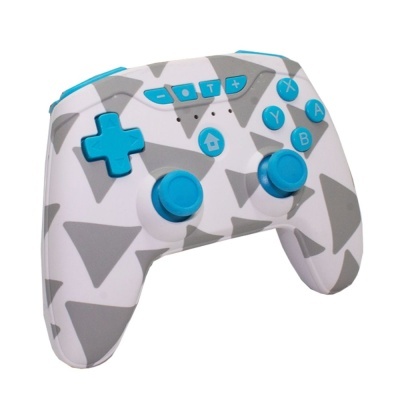 Comando de videojogo branco e cinzento com botões azuis