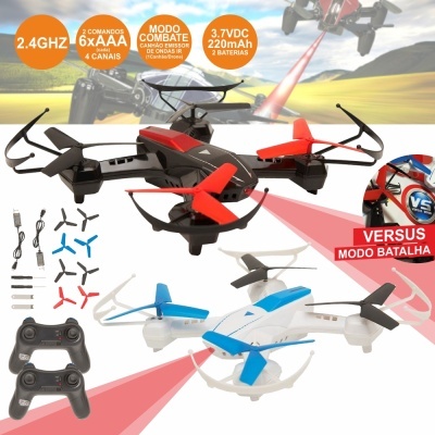 Dois drones quadricópteros, comandos e acessórios, com textos promocionais sobre características e modos de combate