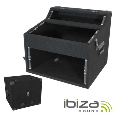 Caixa de transporte preta tipo flight case com fechos metálicos e logótipo ibiza SOUND