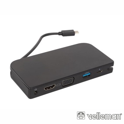 Adaptador preto com portas HDMI, VGA, USB 3.0 e USB-C, cabo USB-C integrado