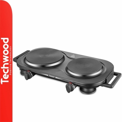 Fogão elétrico dupla placa preto Techwood com dois botões de controlo.