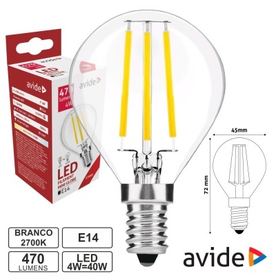 Lâmpada LED filament transparente E14 com embalagem e especificações