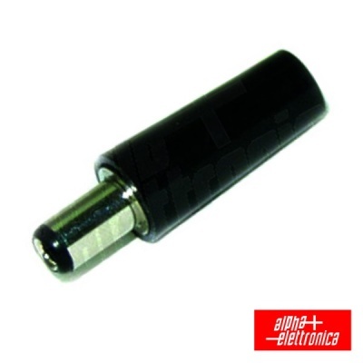 Adaptador de tomada preto com ponta metálica numa superfície branca e logótipo da Alpha Elettronica