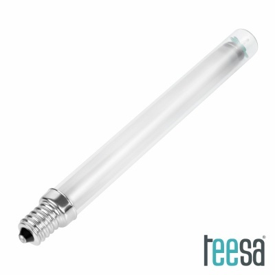 Tubo de vidro para iluminação com base metálica prateada e logótipo teesa