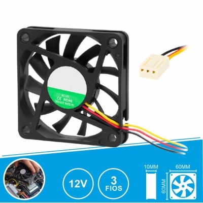 Ventoinha de computador preta 12V com 3 fios e conector branco
