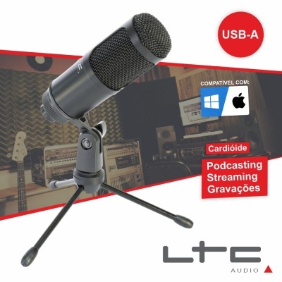Microfone preto LTC Audio com suporte tripé e texto de compatibilidade USB-A e funções em fundo de estúdio