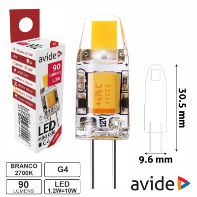 Lâmpada LED mini COB G4 transparente ao lado da embalagem Avide e dimensões