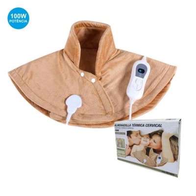 Almofada térmica cervical bege com controlador e embalagem com imagem