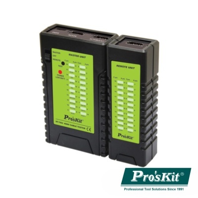 Testadores de cabos de rede Pro'sKit, unidades preta e verde com indicadores de teste e números