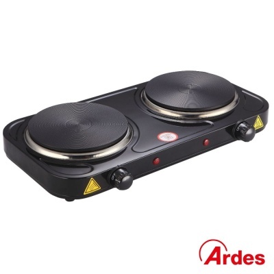 Fogão elétrico de duas placas preto da marca Ardes com botões de controlo