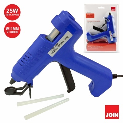 Pistola de cola quente azul com tubos de cola branca e embalagem, marca JOIN