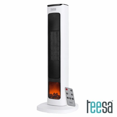 Aquecedor torre branco e preto com simulador de fogo e comando remoto cinza.