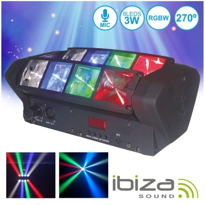 Dispositivo de iluminação profesional Ibiza Sound com oito LEDs coloridos e visor digital.
