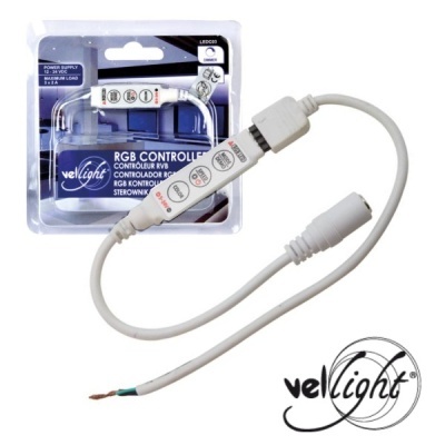 Controlador RGB vellight com cabos brancos em embalagem azul e branca