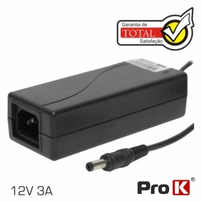 Adaptador de corrente ProK preto 12V 3A com texto de garantia.