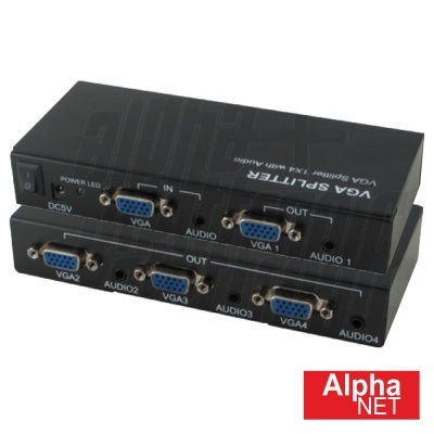 Divisor VGA preto com várias portas VGA e áudio, com etiquetas e logotipo Alpha NET