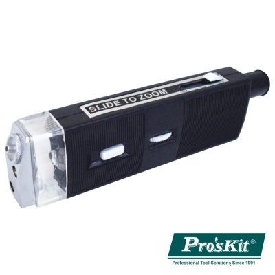Microscópio portátil preto com botão deslizante e logo Pro'sKit.