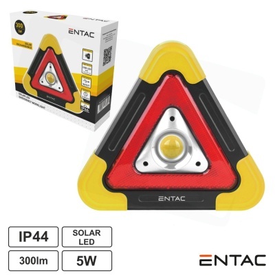 Triângulo de sinalização solar LED ENTAC amarelo, vermelho e preto com embalagem