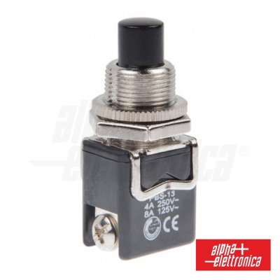 Interruptor industrial metálico e plástico preto com botão pressionável e inscrições técnicas