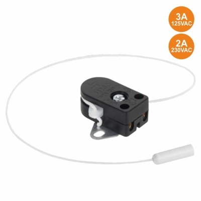 Interruptor térmico compacto preto com cabo branco e indicadores de voltagem em fundo branco