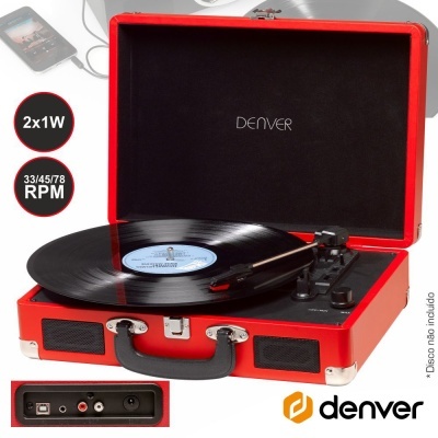 Gira-discos Denver vermelho com vinil a tocar