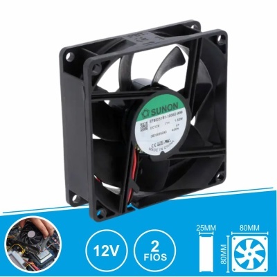 Ventoinha preta SUNON de 80mm com 2 fios e 12V