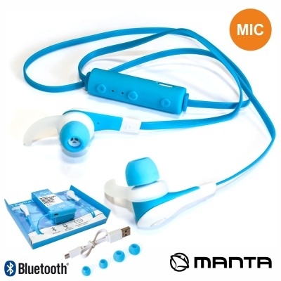 Auscultadores Bluetooth Manta azuis e brancos com microfone e acessórios