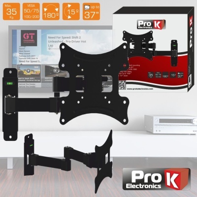 Suporte de parede ajustável para TV em metal preto com indicação de nível e embalagem da marca Pro K Electronics