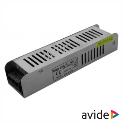 Fonte de alimentação metálica prateada com ventilação e etiqueta.