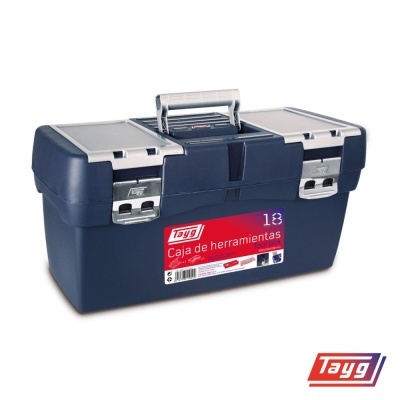 Caixa de ferramentas Tayg azul com tampas cinzentas e etiqueta vermelha