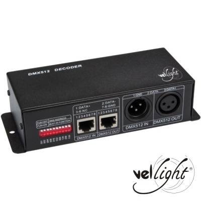 Decodificador DMX512 preto com conectores XLR e RJ45 e interruptores DIP da velight