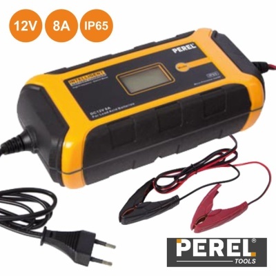 Carregador de bateria preto e amarelo com cabos e plugue