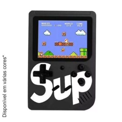 Consola portátil de videojogos preta com ecrã a mostrar jogo Mario