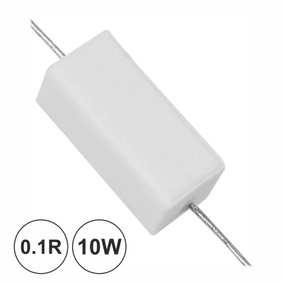 Resistor branco com terminais metálicos e indicação 0.1R 10W