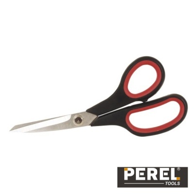 Tesoura com lâminas de metal e pegas pretas com vermelho, marca PEREL TOOLS