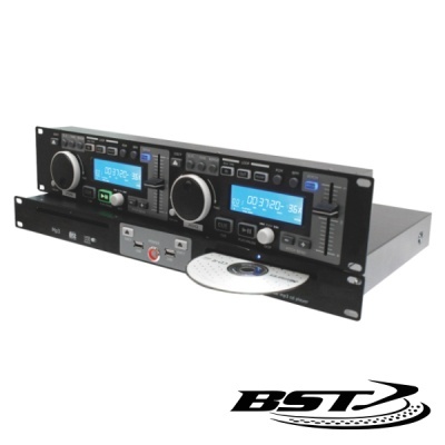 Aparelho de áudio profissional BST preto com ecrãs azuis e leitor de CD