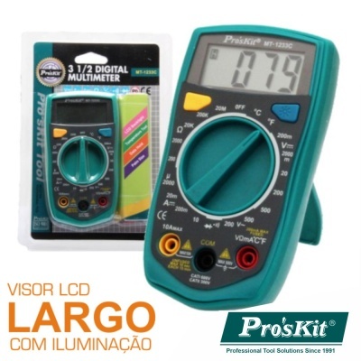 Multímetro digital Pro'sKit verde-azulado com visor LCD e botões coloridos