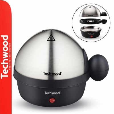 Ovoeiro elétrico Techwood com tampa em aço inoxidável e corpo preto com botão vermelho