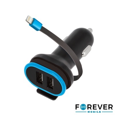 Carregador de automóvel preto e azul com duas portas USB e cabo Lightning