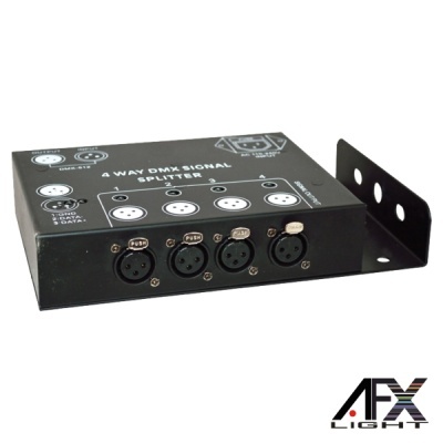 Divisor de sinal DMX preto com 4 conectores XLR e texto branco