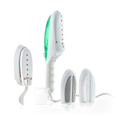 Ferro de engomar a vapor portátil branco e verde com acessórios