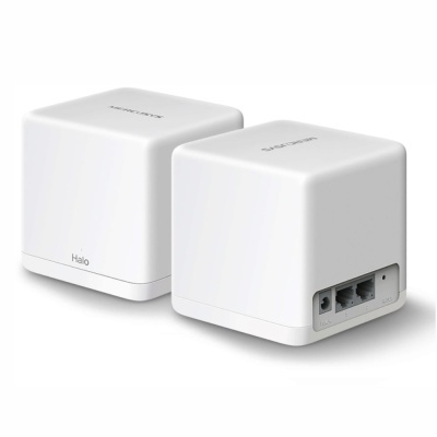 Dois dispositivos Wi-Fi em forma de cubo branco com portas de ligação visíveis