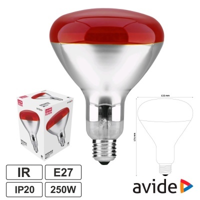 Lâmpada refletora com topo vermelho e base E27 ao lado da embalagem branca e símbolo avide