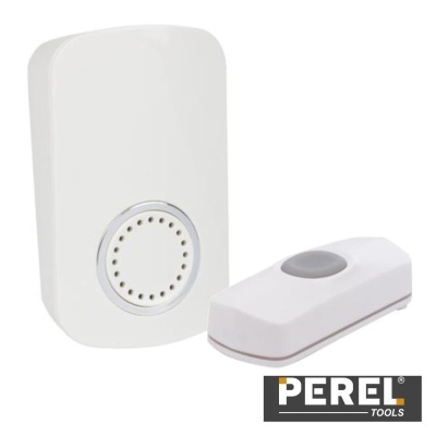 Campainha sem fios branca com dois módulos e logótipo PEREL TOOLS