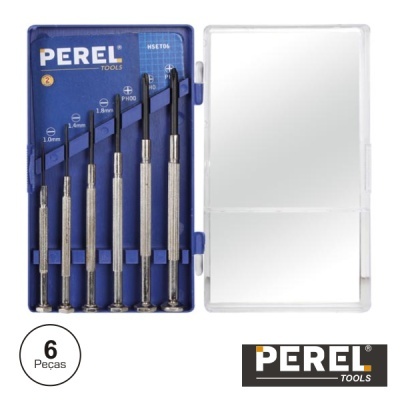 Conjunto de 6 chaves de fendas de precisão da Perel Tools em caixa azul com tampa transparente