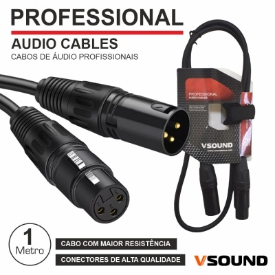 Cabo de áudio profissional VSOUND com conetores XLR pretos e embalagem
