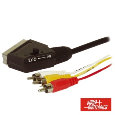 Cabo SCART preto com três cabos RCA brancos, amarelo e vermelho e logotipo Alpha elettronica