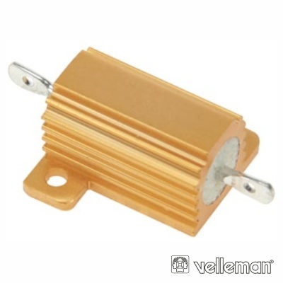 Resistor de potência metálico dourado com terminais e furação para fixação